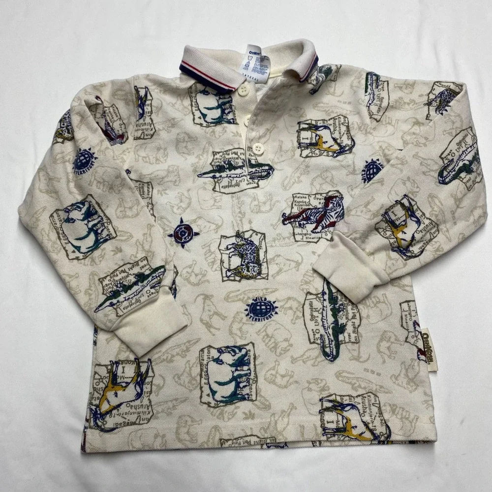 Vintage OshKosh Bgosh Boys 4T Safari Animal Print Long Sleeve Polo Shirt USA